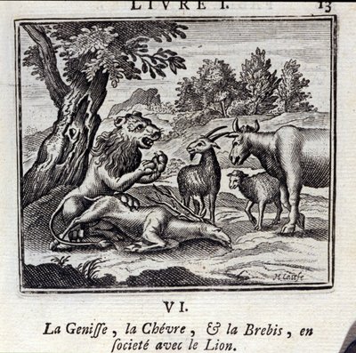 La ternera, la cabra y la oveja en sociedad con el león. Fábulas de Jean de La Fontaine (1621-95). Ilustración de François Chauveau (1613-1676). Edición de 1728. de Francois Chauveau