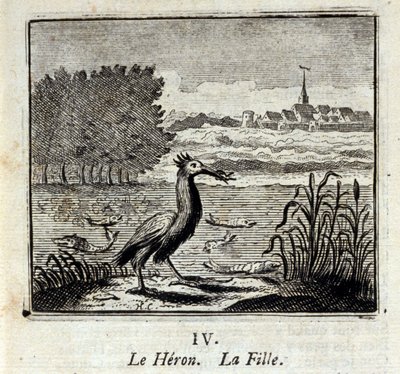 La garza. Fábulas de Jean de La Fontaine (1621-95). Ilustración de François Chauveau (1613-1676). Edición de 1728 de Francois Chauveau