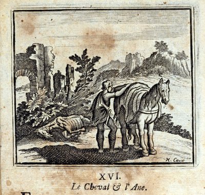 El caballo y el burro. Fábulas de Jean de La Fontaine (1621-95). Ilustración de François Chauveau (1613-1676). Edición de 1728 de Francois Chauveau