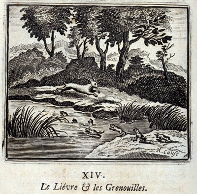La liebre y las ranas. Fábulas de Jean de La Fontaine (1621-95). Ilustración de François Chauveau (1613-1676). Edición de 1728 de Francois Chauveau