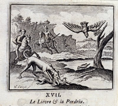 La liebre y la perdiz. Fábulas de Jean de La Fontaine (1621-95). Ilustración de François Chauveau (1613-1676). Edición de 1728 de Francois Chauveau