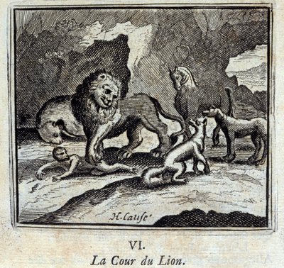 La corte del león. Fábulas de Jean de La Fontaine (1621-95). Ilustración de François Chauveau (1613-1676). Edición de 1728 de Francois Chauveau