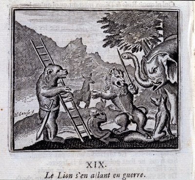 El león yendo a la guerra. Fábulas de Jean de La Fontaine (1621-95). Ilustración de François Chauveau (1613-1676). Edición de 1728 de Francois Chauveau
