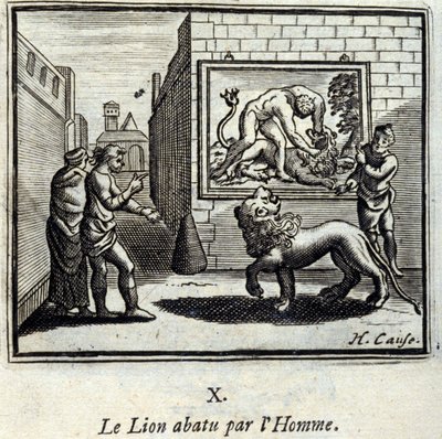 El león abatido por el hombre. Fábulas de Jean de La Fontaine (1621-95). Ilustración de François Chauveau (1613-1676). Edición de 1728 de Francois Chauveau
