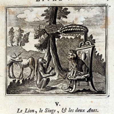 El león, el mono y los dos asnos. Fábulas de Jean de La Fontaine (1621-95). Ilustración de François Chauveau (1613-1676). Edición de 1728 de Francois Chauveau