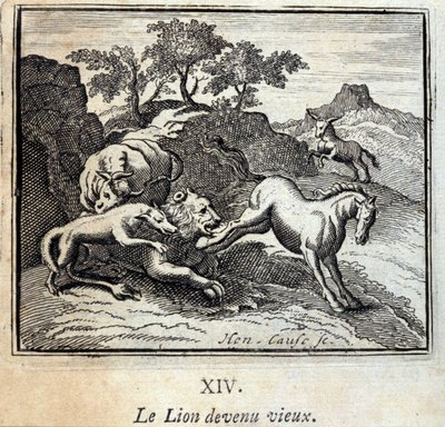 El león envejecido. Fábulas de Jean de La Fontaine (1621-95). Ilustración de François Chauveau (1613-1676). Edición de 1728. de Francois Chauveau