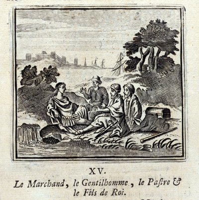 El comerciante, el caballero, el patra y el hijo del rey. Fábulas de Jean de La Fontaine (1621-95). Ilustración de François Chauveau (1613-1676). Edición de 1728. de Francois Chauveau
