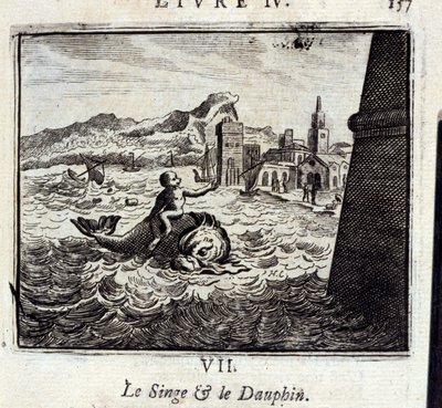 El mono y el delfín. Fábulas de Jean de La Fontaine. Ilustración de François Chauveau. Edición de 1728. de Francois Chauveau
