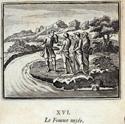 La mujer ahogada. Fábulas de Jean de La Fontaine (1621-95). Ilustración de François Chauveau (1613-1676). Edición de 1728. de Francois Chauveau