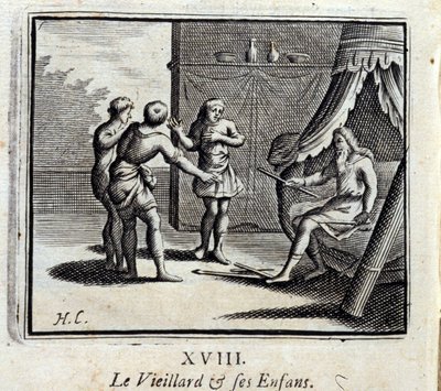 El anciano y sus hijos. Fábulas de Jean de La Fontaine (1621-95). Ilustración de François Chauveau (1613-1676). Edición de 1728. de Francois Chauveau