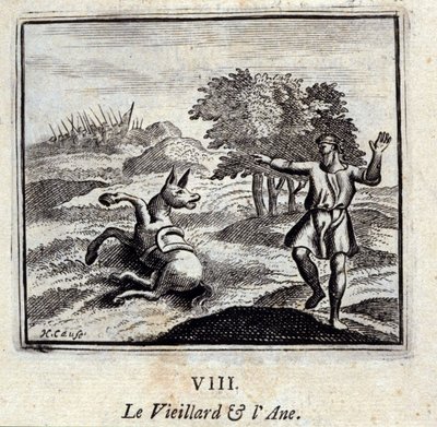 El viejo y el burro. Fábulas de Jean de La Fontaine (1621-95). Ilustración de François Chauveau (1613-1676). Edición de 1728 de Francois Chauveau