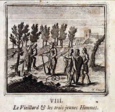 El viejo y los tres jóvenes. Fábulas de Jean de La Fontaine (1621-95). Ilustración de François Chauveau (1613-1676). Edición de 1728 de Francois Chauveau