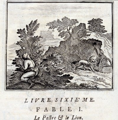 El patra y el león. Fábulas de Jean de La Fontaine (1621-95). Ilustración por François Chauveau (1613-1676). Edición de 1728. de Francois Chauveau