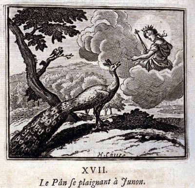 El pavo real quejándose a Juno. Fábulas de Jean de La Fontaine. Ilustración de François Chauveau. Edición de 1728. de Francois Chauveau