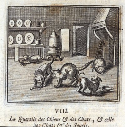 La querella de perros y gatos, y la de gatos y ratones. Fábulas de Jean de La Fontaine. Ilustración de François Chauveau. Edición de 1728. de Francois Chauveau