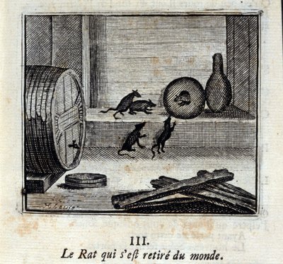 La rata que se retiró del mundo. Fábulas de Jean de La Fontaine (1621-95). Ilustración de François Chauveau (1613-1676). Edición de 1728 de Francois Chauveau