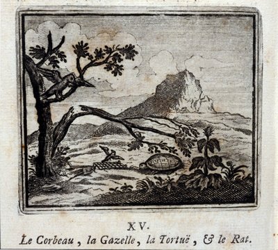 El cuervo, la gacela, la tortuga y la rata. Fábulas de Jean de La Fontaine (1621-95). Ilustración por François Chauveau (1613-1676). Edición de 1728. de Francois Chauveau