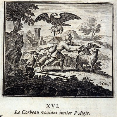 El cuervo queriendo imitar al águila. Fábulas de Jean de La Fontaine (1621-95). Ilustración de François Chauveau (1613-1676). Edición de 1728. de Francois Chauveau