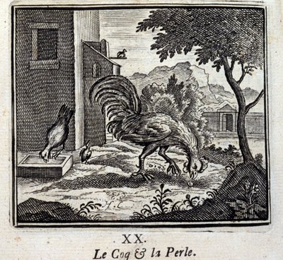 El gallo y la perla. Fábulas de Jean de La Fontaine (1621-95). Ilustración de François Chauveau (1613-1676). Edición de 1728 de Francois Chauveau