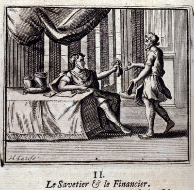 El zapatero y el buscador. Fábulas de Jean de La Fontaine (1621-95). Ilustración de François Chauveau (1613-1676). Edición de 1728 de Francois Chauveau