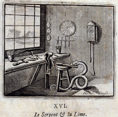 La serpiente y la lima. Fábulas de Jean de La Fontaine (1621-95). Ilustración de François Chauveau (1613-1676). Edición de 1728 de Francois Chauveau