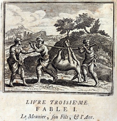 El tonto, su hijo y el burro. Fábulas de Jean de La Fontaine (1621-95). Ilustración de François Chauveau (1613-1676). Edición de 1728. de Francois Chauveau