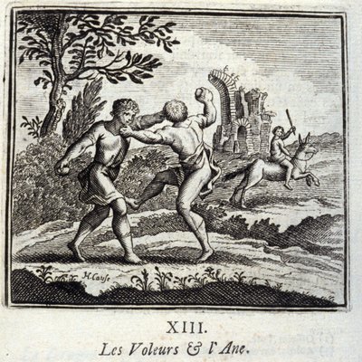 Los ladrones y el burro. Fábulas de Jean de La Fontaine (1621-95). Ilustración de François Chauveau (1613-1676). Edición de 1728. de Francois Chauveau