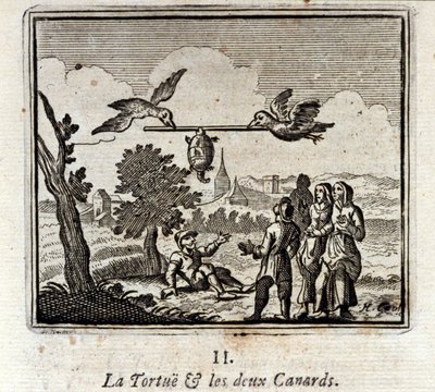 La tortuga y los dos patos. Fábulas de Jean de La Fontaine. Ilustración de François Chauveau. Edición de 1728. de Francois Chauveau