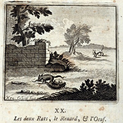 Las dos ratas, el zorro y el huevo. Fábulas de Jean de La Fontaine (1621-95). Ilustración de François Chauveau (1613-1676). Edición de 1728. de Francois Chauveau