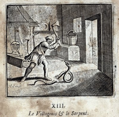 El aldeano y la serpiente. Fábulas de Jean de La Fontaine (1621-95). Ilustración de François Chauveau (1613-1676). Edición de 1728 de Francois Chauveau