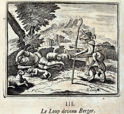 El lobo se convierte en pastor. Fábulas de Jean de La Fontaine (1621-95). Ilustración por François Chauveau (1613-1676). Edición de 1728. de Francois Chauveau