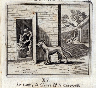 El lobo, la cabra y el cabrito. Fábulas de Jean de La Fontaine (1621-95). Ilustración por François Chauveau (1613-1676). Edición de 1728. de Francois Chauveau
