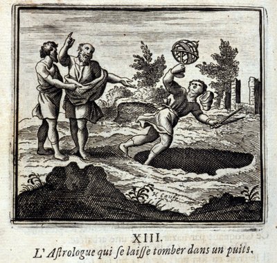 El astrólogo que cae en un pozo. Fábulas de Jean de La Fontaine. Ilustración de François Chauveau. Edición de 1728. de Francois Chauveau