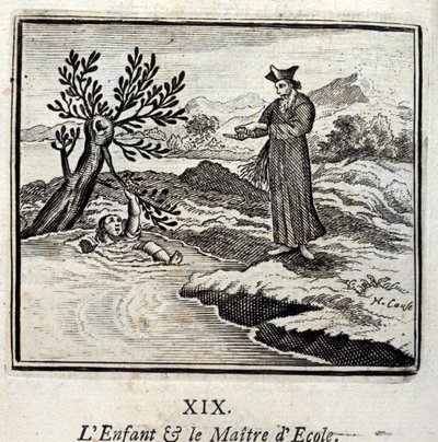 El niño y el maestro de escuela. Fábulas de Jean de La Fontaine (1621-95). Ilustración de François Chauveau (1613-1676). Edición de 1728 de Francois Chauveau