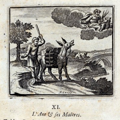 El burro y sus amos. Fábulas de Jean de La Fontaine (1621-95). Ilustración de François Chauveau (1613-1676). Edición de 1728 de Francois Chauveau