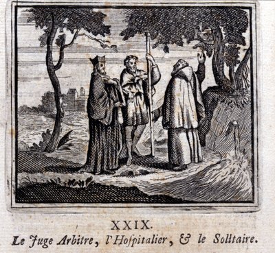 El juez arbitra entre el hospitalario y el solitario. Fábulas de Jean de La Fontaine (1621-95). Ilustración de François Chauveau (1613-1676). Edición de 1728 de Francois Chauveau