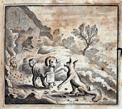 El león enfermo y el zorro. Fábulas de Jean de La Fontaine (1621-95). Ilustración de François Chauveau (1613-1676). Edición de 1728 de Francois Chauveau