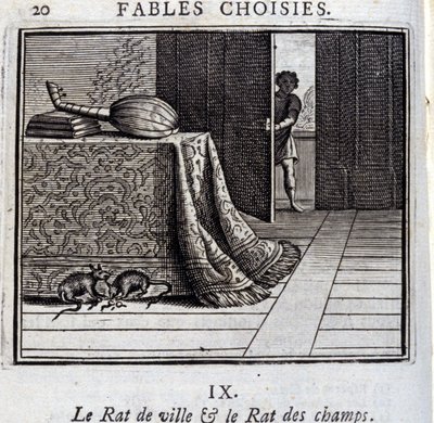 La rata de ciudad y la rata de campo. Fábulas de Jean de La Fontaine (1621-95). Ilustración de François Chauveau (1613-1676). Edición de 1728 de Francois Chauveau