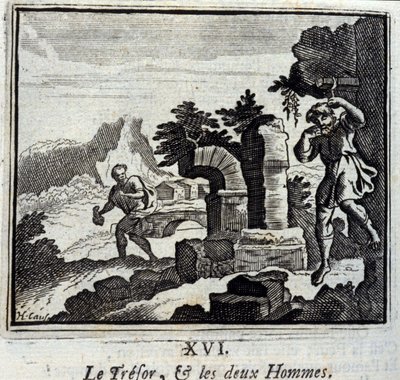 El tesoro y los dos hombres. Fábulas de Jean de La Fontaine (1621-95). Ilustración de François Chauveau (1613-1676). Edición de 1728 de Francois Chauveau