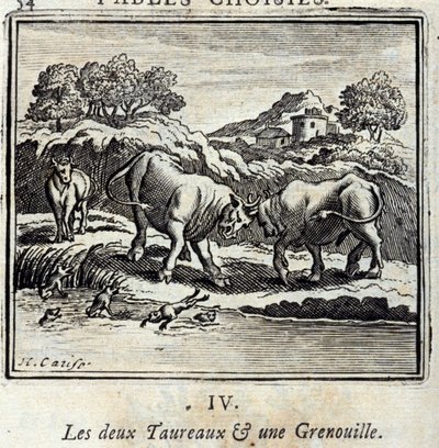 Los dos toros y una rana. Fábulas de Jean de La Fontaine (1621-95). Ilustración de François Chauveau (1613-1676). Edición de 1728. de Francois Chauveau