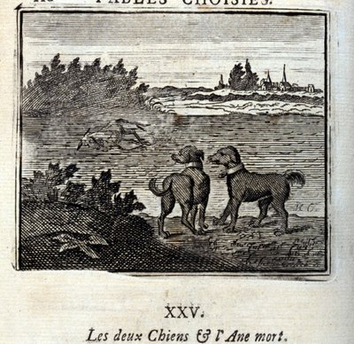 Los dos perros y el burro muerto. Fábulas de Jean de La Fontaine (1621-95). Ilustración por François Chauveau (1613-1676). Edición de 1728. de Francois Chauveau