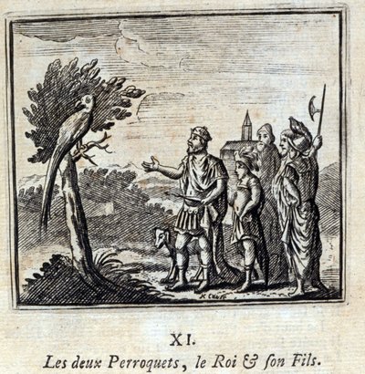 Los dos loros, el rey y su hijo. Fábulas de Jean de La Fontaine (1621-95). Ilustración de François Chauveau (1613-1676). Edición de 1728. de Francois Chauveau