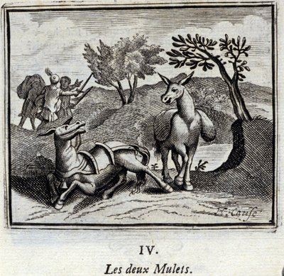 Los dos mulos. Fábulas de Jean de La Fontaine (1621-95). Ilustración de François Chauveau (1613-1676). Edición de 1728 de Francois Chauveau