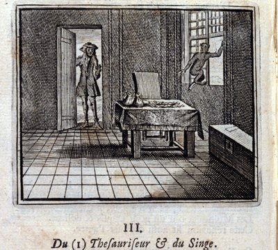 Tesorero y mono. Fábulas de Jean de La Fontaine (1621-95). Ilustración de François Chauveau (1613-1676). Edición de 1728 de Francois Chauveau