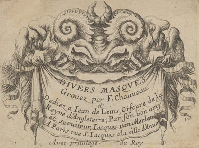 Placa de título con dos cabezas de sátiro, de Divers Masques de Francois Chauveau