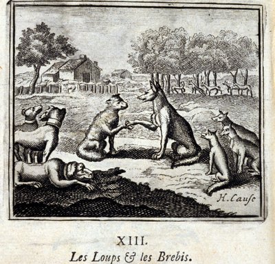 Lobos y ovejas. Fábulas de Jean de La Fontaine (1621-95). Ilustración de François Chauveau (1613-1676). Edición de 1728. de Francois Chauveau