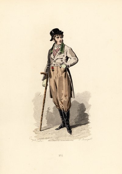 Hombre con abrigo holgado, chaleco, pantalones y botas de Francois Claudius (after) Compte Calix