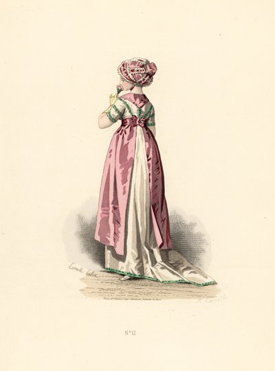 Mujer con vestido blanco y corsé con ribete verde, delantal rosa de Francois Claudius (after) Compte Calix
