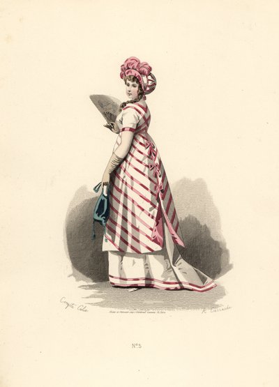 Mujer con vestido blanco con ribete rosa y delantal a rayas de Francois Claudius (after) Compte Calix