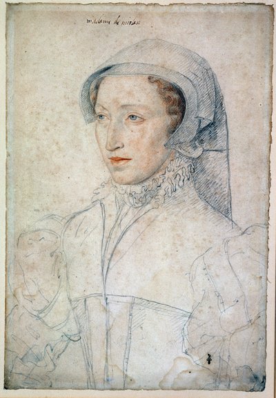 Retrato de Françoise Mareschal del Parc dama de Mitte-de-Miolans (Mitte de Miolans), esposa de Juan III de Miolans (circa 1520-1575). Dama de Honor de Catalina de Médicis (Caterina de Medici). Dibujo con piedra negra y sangre por François Clouet (1515-1572 de François Clouet